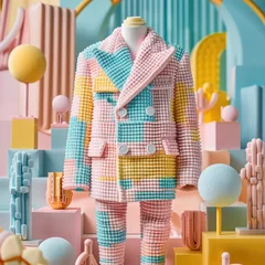 Keuken foto achterwand A mannequin presents a pastel-colored suit in front of a background that whimsically mimics a landscape inspired by candy. © Nataliya