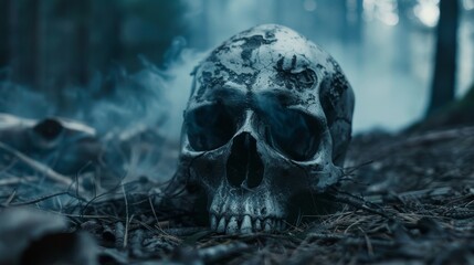 Skull, bones and skeleton. Ritual for the deceased. Neon logo with skull. Grim Reaper, death. Burning eyes