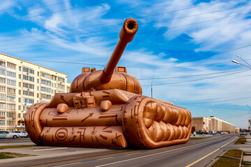 Large inflatable tank on the side of road with building in the background. - obrazy, fototapety, plakaty