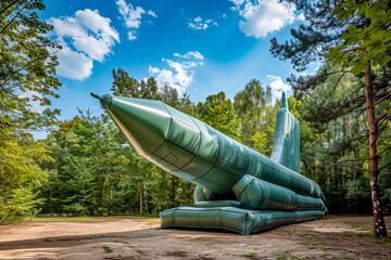 Large inflatable rocket sitting on top of pile of dirt. - Powered by Adobe