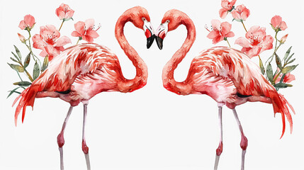 Elegant flamingos creating a heart, watercolor flowers accent, isolated on white background, serene love illustration