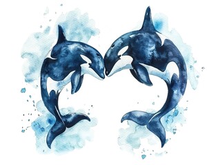 Graceful orcas, bodies forming a heart, watercolor, isolated on white, depiction of underwater love