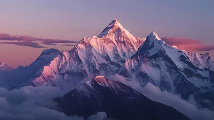 Poster Annapurna Mountain peak of the tibetan snow-capped mountains, a beautiful panorama of the mountains at sunset of the day