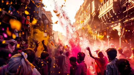 Group of people throwing colored powder on each other in the air on city street. - obrazy, fototapety, plakaty
