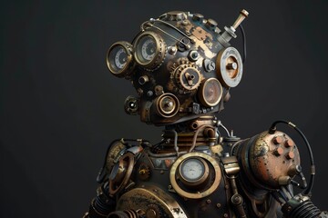 Edgy and innovative steampunk robot with a mechanical aesthetic, highlighted by the presence of gears and gadgets throughout its body.