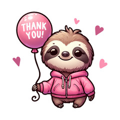 Cute cartoon sloth in pink jacket with pink balloon in hand with inscription 