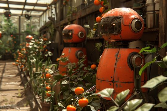 A robot that helps with growing fresh vegetables and plants, a robot farmer, progress and revolution in the agricultural sector, future technologies with AI
