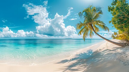 Beautiful beach with white sand, turquoise ocean, blue sky with clouds and palm tree over the water on a Sunny day. Maldives, perfect tropical landscape, ultra wide format.