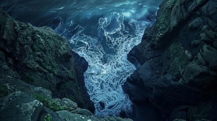 looking straight down a coastal sea cliff into a tide pool, birds eye view, oregon coast, nighttime, dark sky, full moon