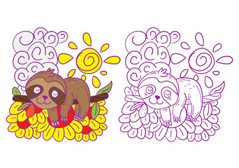 sloth doodle animal illustration for coloring page drawing book