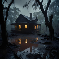 Halloween spooky cabin in the woods.
