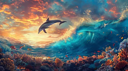 Foto op Canvas Clear blue sea at sunset Dolphin jumping above the water colorful coral. © Ekkarat_Studio