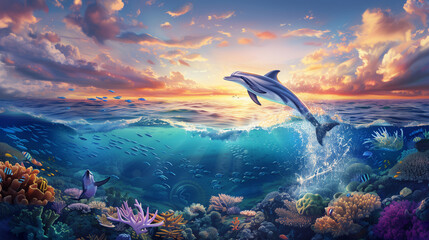 Clear blue sea at sunset Dolphin jumping above the water colorful coral. - obrazy, fototapety, plakaty
