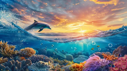 Fotobehang Clear blue sea at sunset Dolphin jumping above the water colorful coral. © Ekkarat_Studio