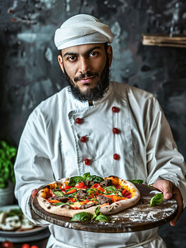 arabic male chef holding pizza