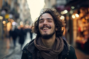 Portrait of a young handsome man with long curly hair in the city. - obrazy, fototapety, plakaty