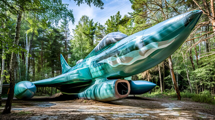 Large inflatable airplane sitting on top of dirt field next to forest. - obrazy, fototapety, plakaty