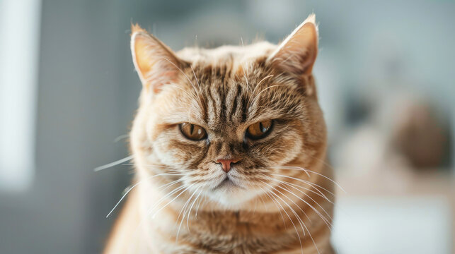 Fluffy angry ginger cat close up looking at the camera, unhappy and grumpy, light room background