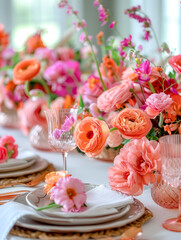 Table is set with pink and orange flowers and wine glasses and place settings.