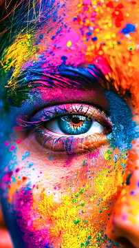 Close up of person's eye with colorful paint all over it.