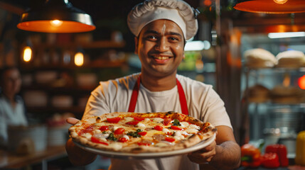 indian man with apron holding plate of pizza