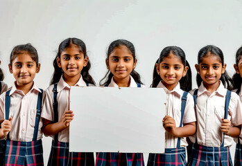 Group of young girls standing next to each other holding white board.