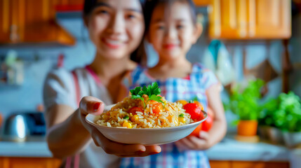 Woman holding bowl of food with little girl in the background. - Powered by Adobe