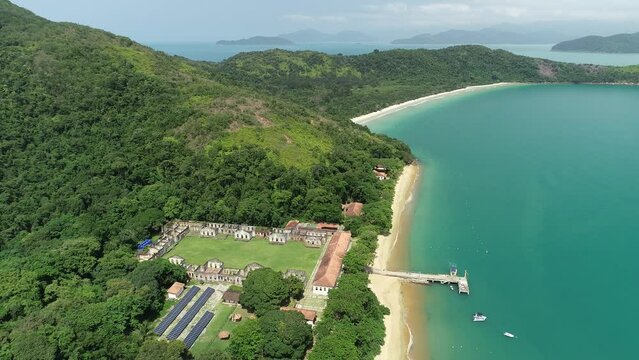 Aerial view of the ruins of the Anchieta Island Prison, which operated between 1934 and 1955, Anchieta Island - Ubatuba, S&atilde;o Paulo, Brazil