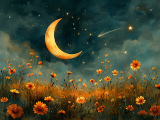 Obraz na płótnie Canvas Waxing Crescent Moon and a Playful Shooting Star