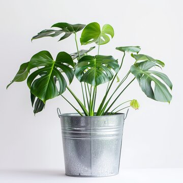 monstera plant in a metal pot photographed on white background ai generated high quality image
