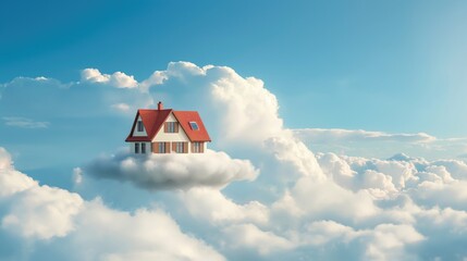 House figure flying on the single cloud on the sky among other white clouds - obrazy, fototapety, plakaty