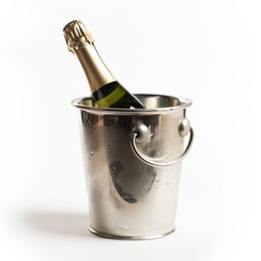 bottle of champagne in ice a cooler bucket on a white background