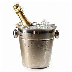 bottle of champagne in ice a cooler bucket on a white background