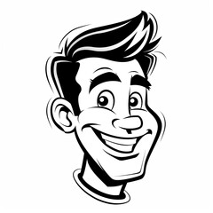cartoon of a handsome smiling mans face with a smile, black on white background, mascot logo, simple design, expense lines, retro, simple, line art generative ai