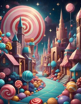 Lollipop Lined Path Leading to a Candy Castle Under a Swirled Candy Planet, Generative AI