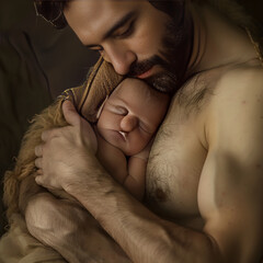 A Tender Moment of Connection in Kangaroo Care - Skin to Skin Contact with Newborn - obrazy, fototapety, plakaty