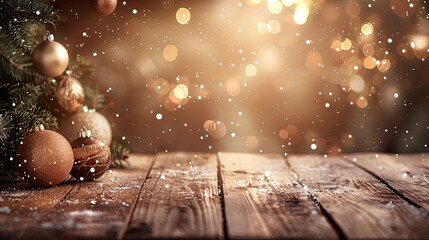 Fototapeta premium A Christmas background with wooden floor contents filled with blurry light particles.