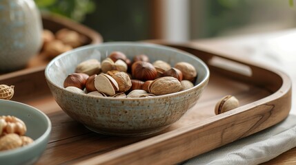 Walnuts in ceramic bowl in wooden tray. Delicate photo for magazine, cookbook, post. Nuts
