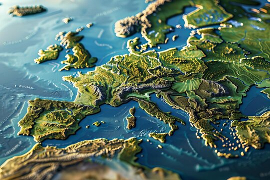 Physical map of European countries, detailed satellite view of Earth's topography, 3D rendering