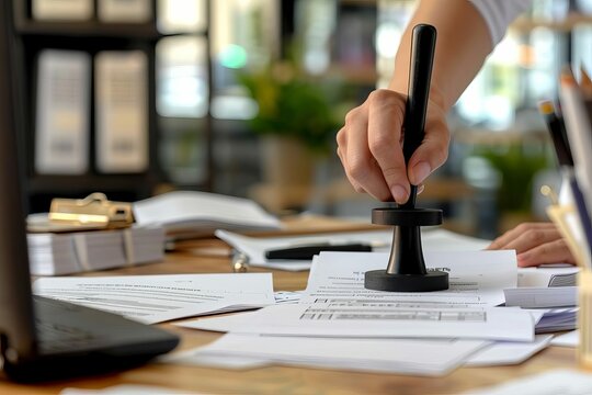 Person stamping and approving official documents with rubber stamp at cluttered office desk, bureaucracy and paperwork concept, close-up photo