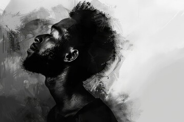 Pensive African American Man, Side Profile Portrait, Black and White Digital Painting - obrazy, fototapety, plakaty