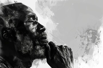 Pensive African American Man, Side Profile Portrait, Black and White Digital Painting