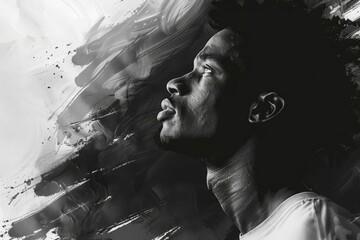 Pensive African American Man, Side Profile Portrait, Black and White Digital Painting - obrazy, fototapety, plakaty