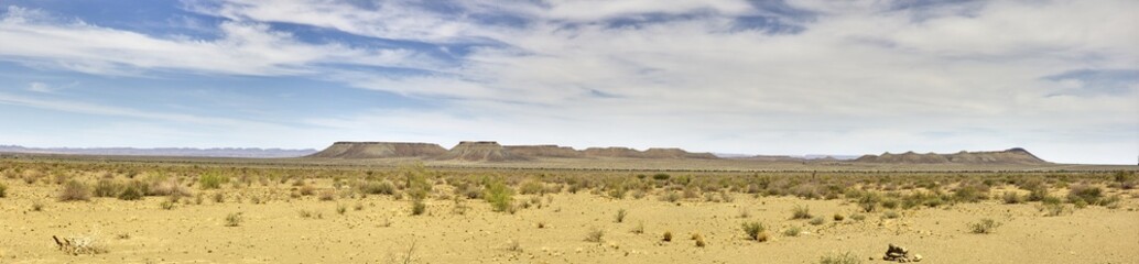 Fototapeta na wymiar Panoramic picture of the desert-like steppe in the south of Namibia with flat table mountains