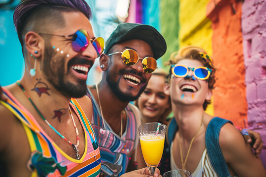 Friends partying in gay pride, group of interracial LGBT people partying in the street and drinking alcohol with rainbow colours in the wall