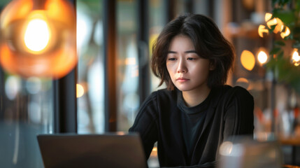 An Asican businesswoman or student working on her laptop in a coffee shop or restaurant.