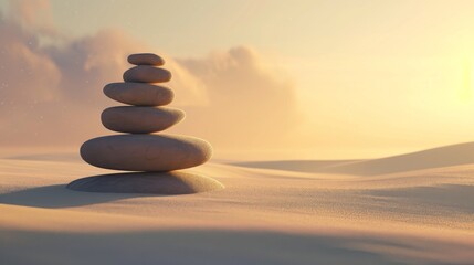 Fototapeta na wymiar Harmony in Nature: Sunset Meditation Among Balanced Rocks on a Serene Beach, Embraced by Peaceful Sand Dunes and Calm Waters, Inviting Deep Connection and Renewal with the Earth