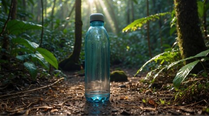 A plastic water bottle in the rainforest at sunrise. Generative AI.