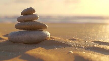 Serene Stone Stacks: Sunset Meditation Retreat with Balanced Rocks, Where Peaceful Sand Dunes Meet the Tranquil Ocean Waves, Creating a Serene and Tranquil Atmosphere for Inner Reflection and Renewal