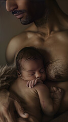 A Tender Moment of Connection in Kangaroo Care - Skin to Skin Contact with Newborn - obrazy, fototapety, plakaty